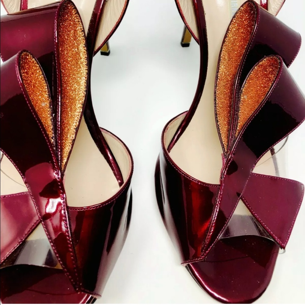 Plexi pvc statement glitter bow ox blood burgundy Nicholas Kirkwood heels sandal